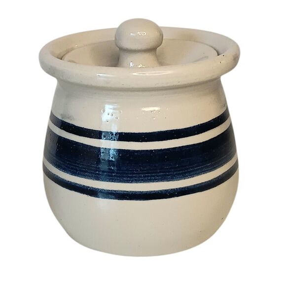 VTG  Casey Pottery Marshall TX Cream With Blue Stripe Crock Sugar Bowl W/ Lid 4” - Picture 3 of 9